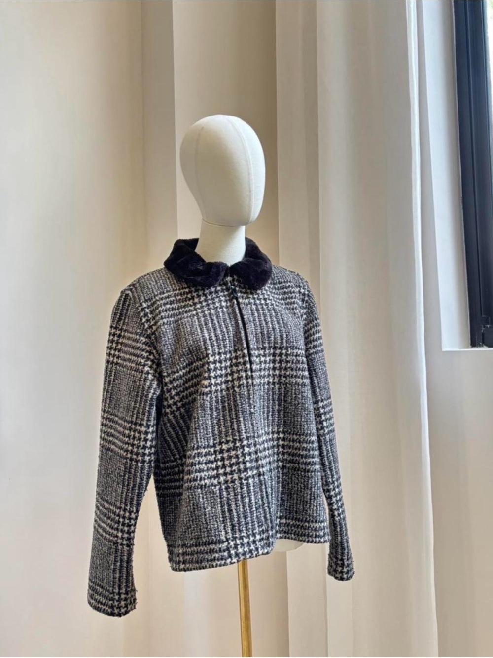 Talbots Black and White Plaid Jacket with Faux Fur Collar - Zip Front